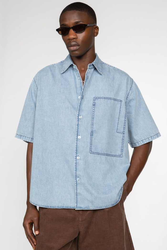 Oversized Short Sleeve Denim Shirt - Light Blue Denim