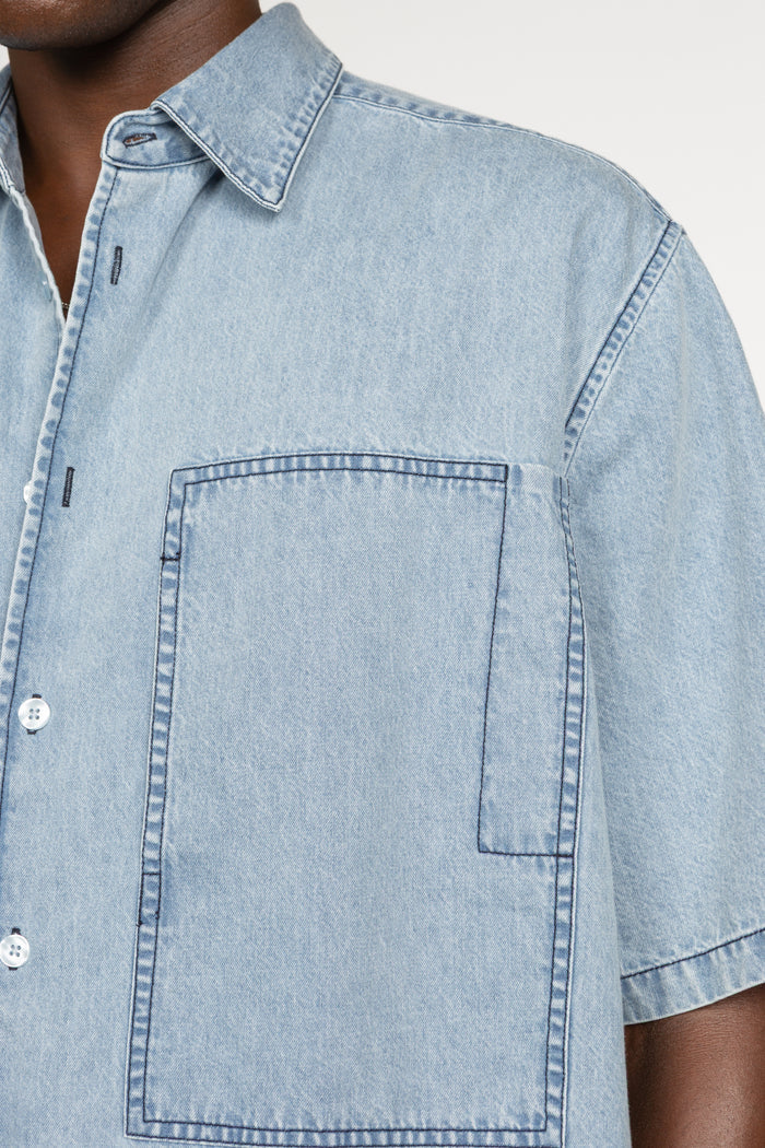 Oversized Short Sleeve Denim Shirt - Light Blue Denim