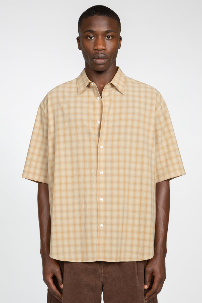 Oversized Short Sleeve Shirt - Beige / Tan Shadow Plaid