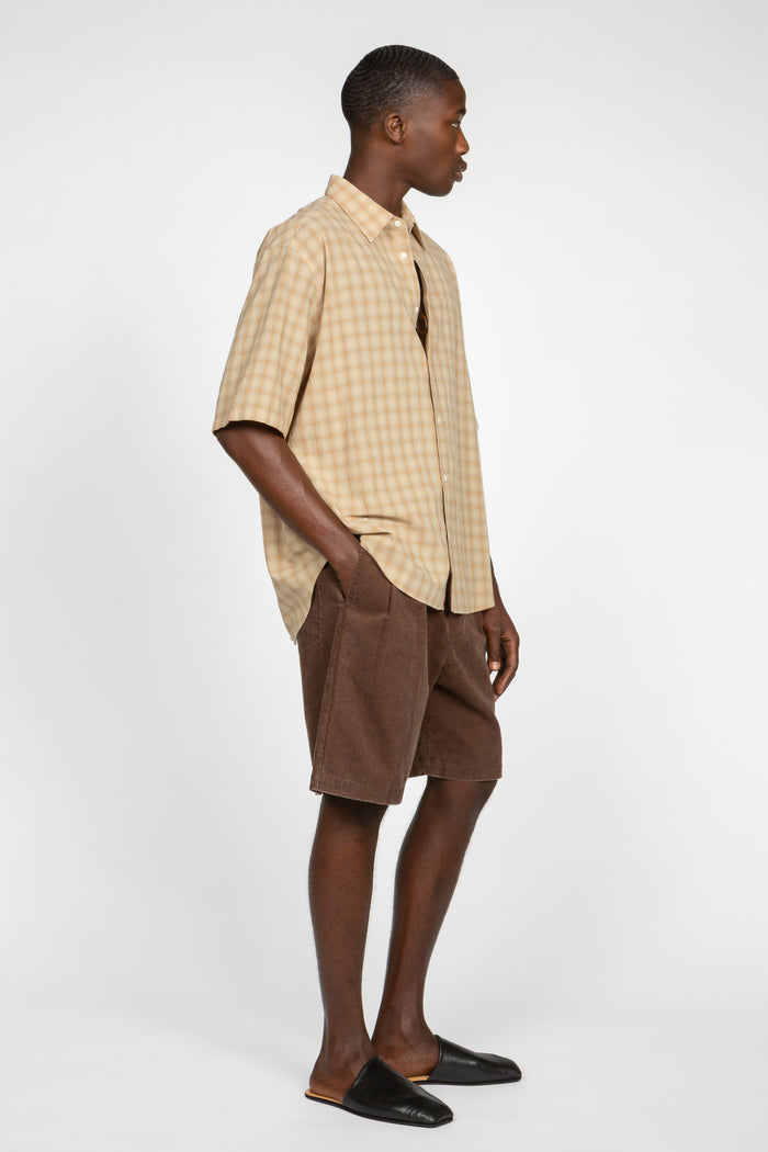 Oversized Short Sleeve Shirt - Beige / Tan Shadow Plaid