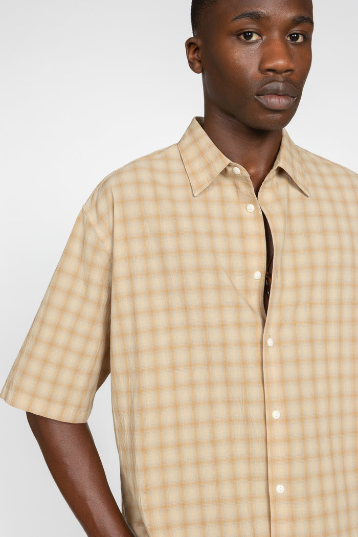 Oversized Short Sleeve Shirt - Beige / Tan Shadow Plaid