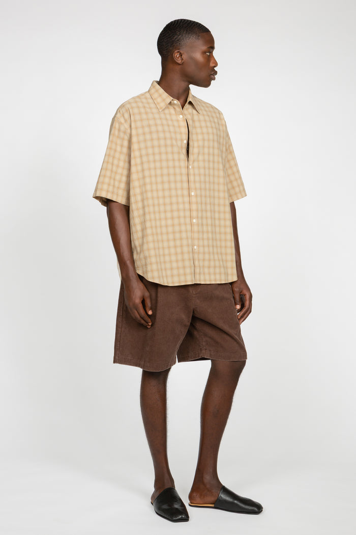 Oversized Short Sleeve Shirt - Beige / Tan Shadow Plaid