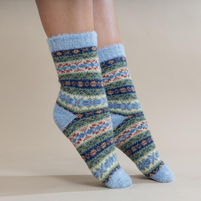 Pale blue, green and black Scandi patterned soft Cosy socks
