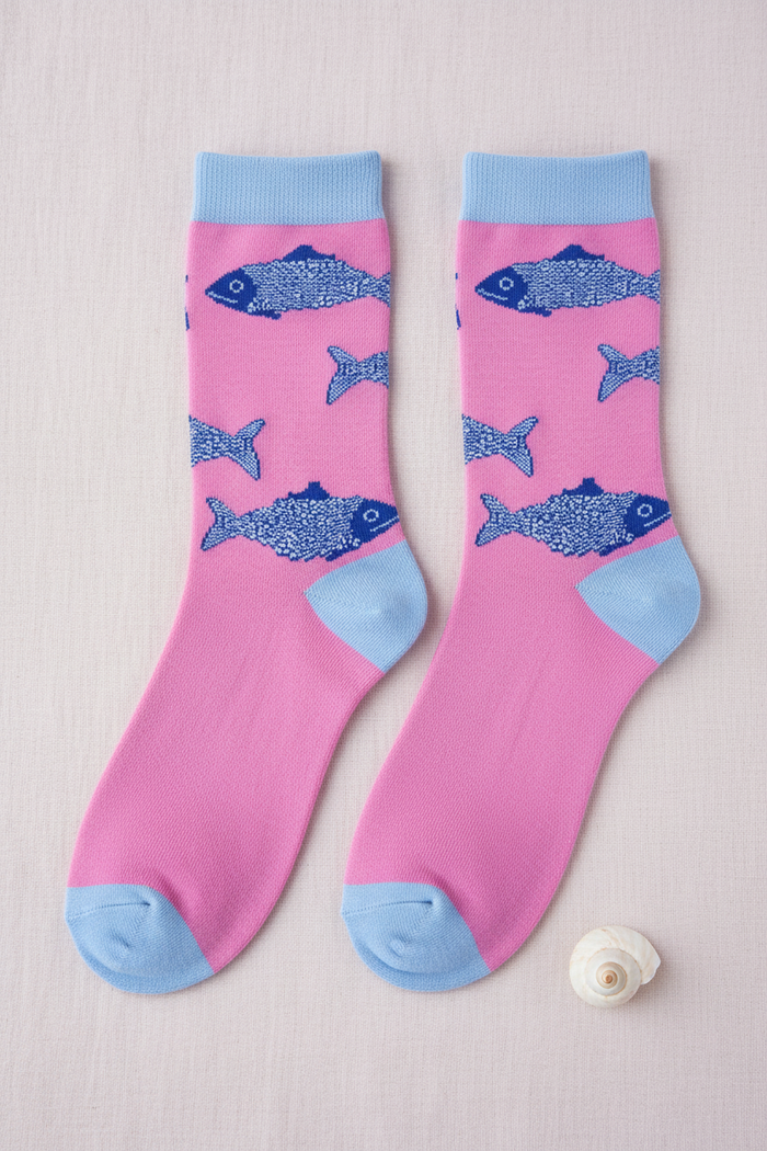 Pink Fish Bamboo Socks - lifestyle flat-lay