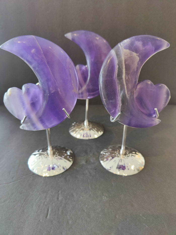 Purple Fluorite Half-Moon & Heart Sculpture on 5" Metal Stand - Smokin Resin Company