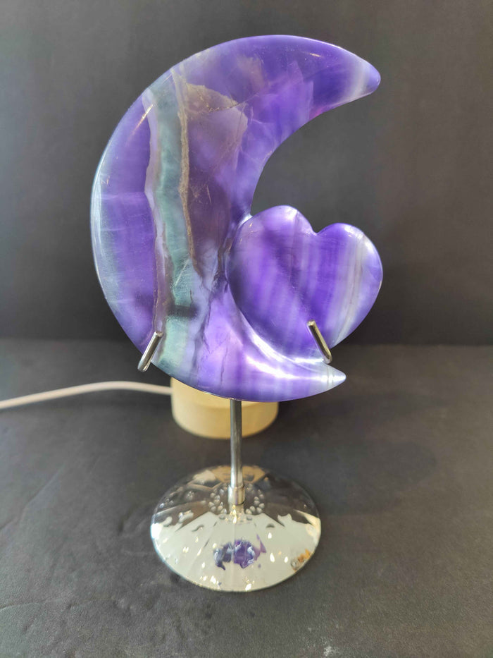 Purple Fluorite Half-Moon & Heart Sculpture on 5" Metal Stand - Smokin Resin Company