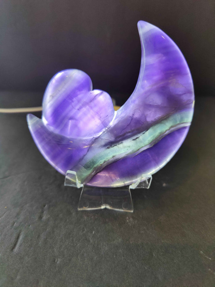 Purple Fluorite Half-Moon & Heart Sculpture on 5" Metal Stand - Smokin Resin Company