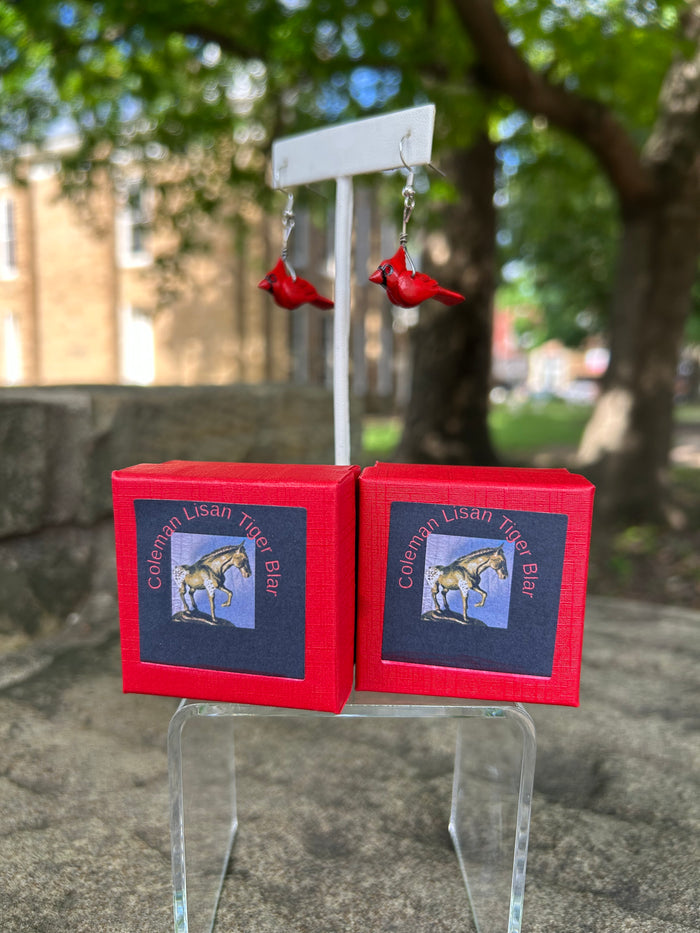 Red Bird Earrings made by Lisan Tiger-Blair