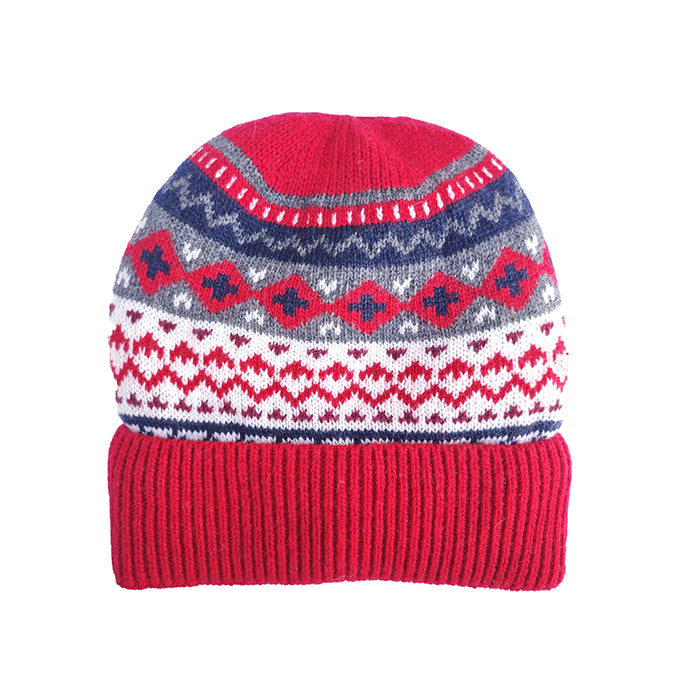 Red knit beanie with patterned top on a white background