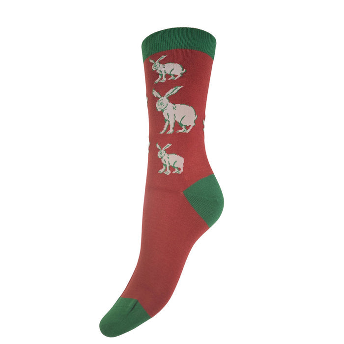 Red socks with Hares, contrasting green heel toe and cuff