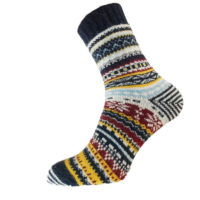 A pair of patterned wool blend socks with blue, yellow, and burgundy colors and a striped heel, toe, and cuff.