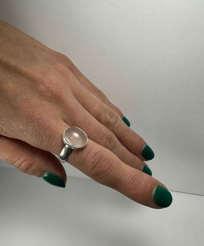 Rose Quartz Oval Cabochon Ring in .925 Sterling Silver Size 6 - Smokin Resin Company