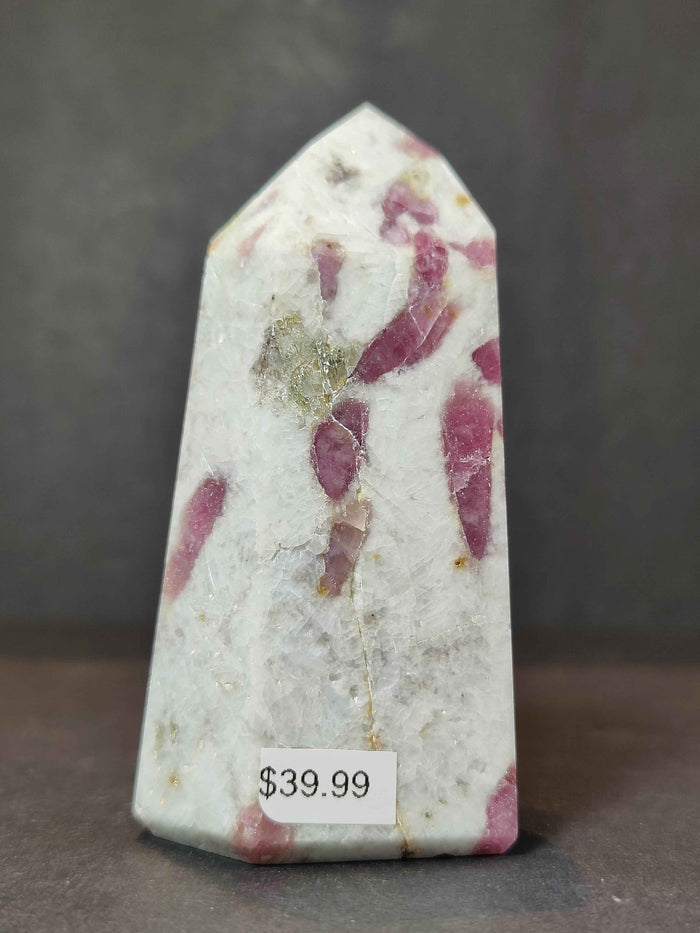 Rubellite (Pink Tourmaline) in Quartz Polished Obelisk Tower Sculpture - Smokin Resin Company