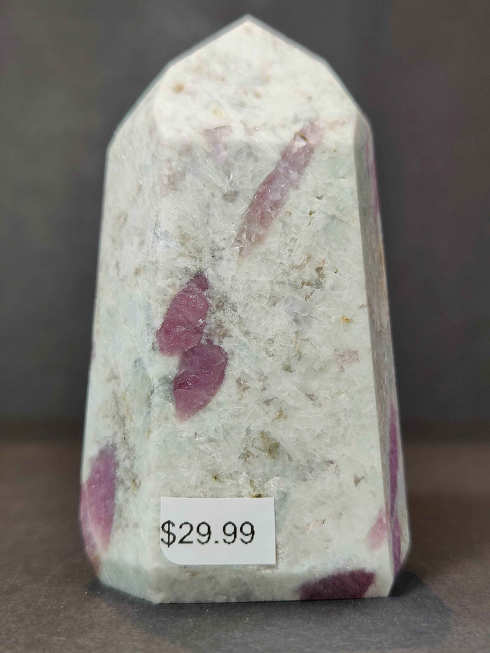 Rubellite (Pink Tourmaline) in Quartz Polished Obelisk Tower Sculpture - Smokin Resin Company