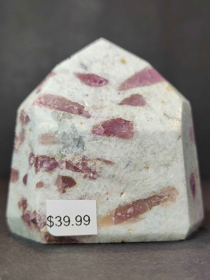 Rubellite (Pink Tourmaline) in Quartz Polished Obelisk Tower Sculpture - Smokin Resin Company