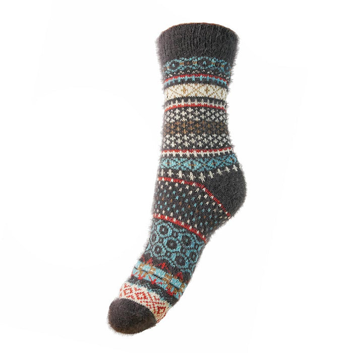 Grey knitted sock with a colorful Fairisle pattern on a white background