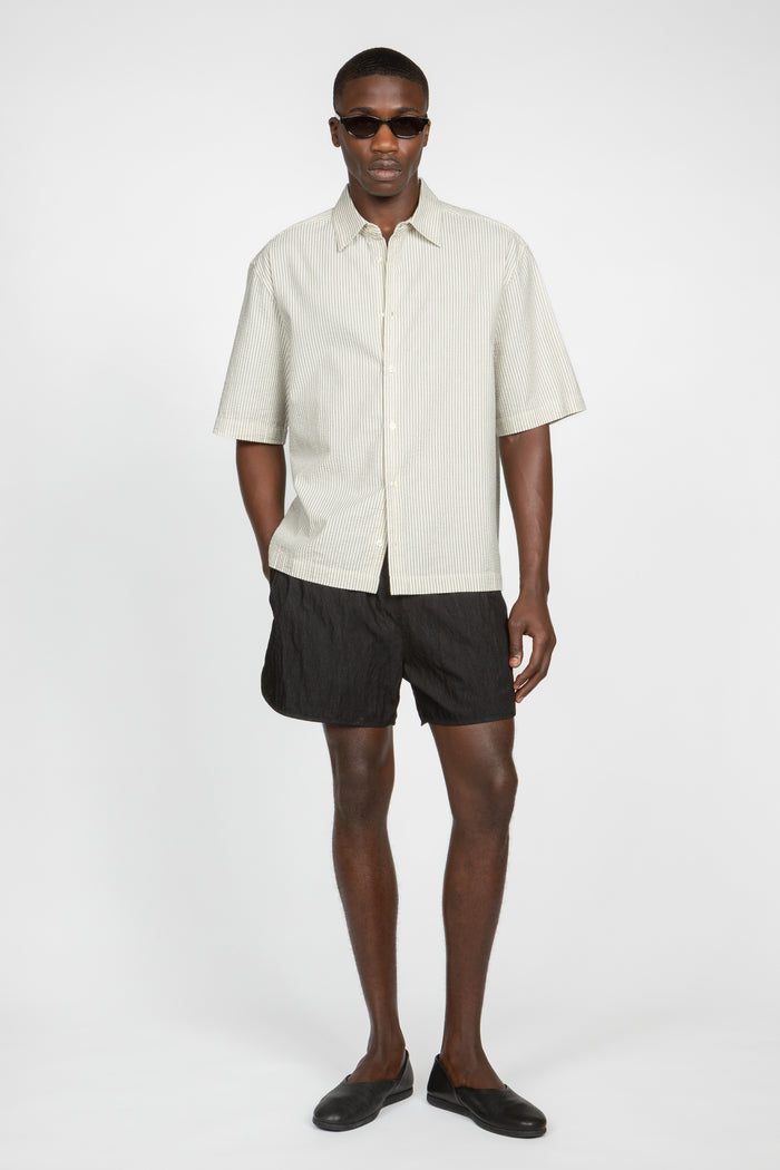 Short Sleeve Button Down Shirt - Ecru Pencil Stripe Seersucker