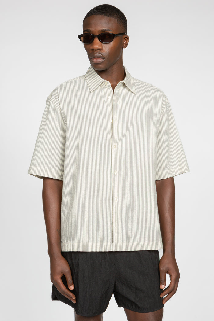 Short Sleeve Button Down Shirt - Ecru Pencil Stripe Seersucker