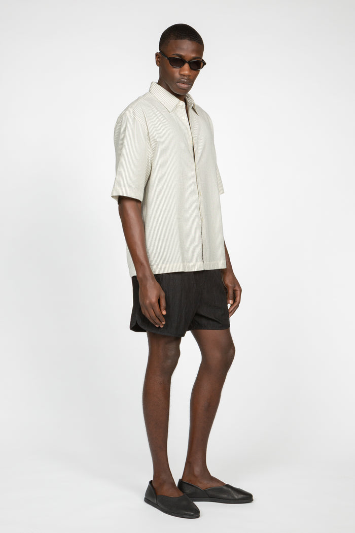 Short Sleeve Button Down Shirt - Ecru Pencil Stripe Seersucker