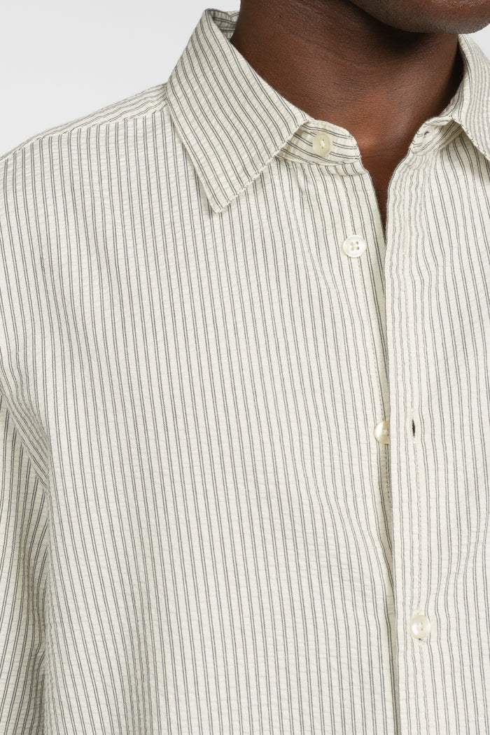Short Sleeve Button Down Shirt - Ecru Pencil Stripe Seersucker