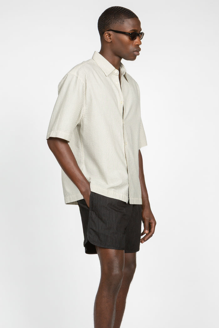 Short Sleeve Button Down Shirt - Ecru Pencil Stripe Seersucker