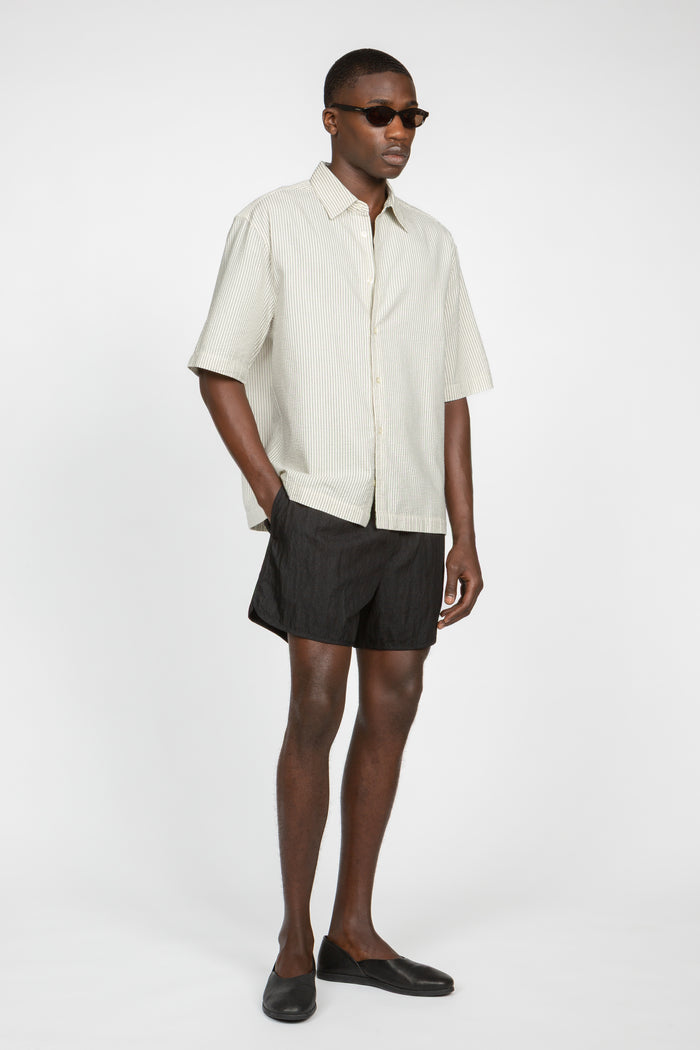 Short Sleeve Button Down Shirt - Ecru Pencil Stripe Seersucker