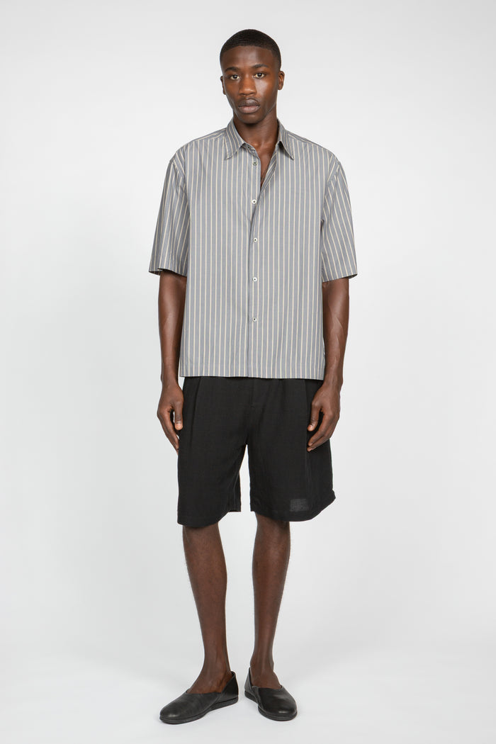 Short Sleeve Button Down Shirt - Grey / Beige Variegated Stripe