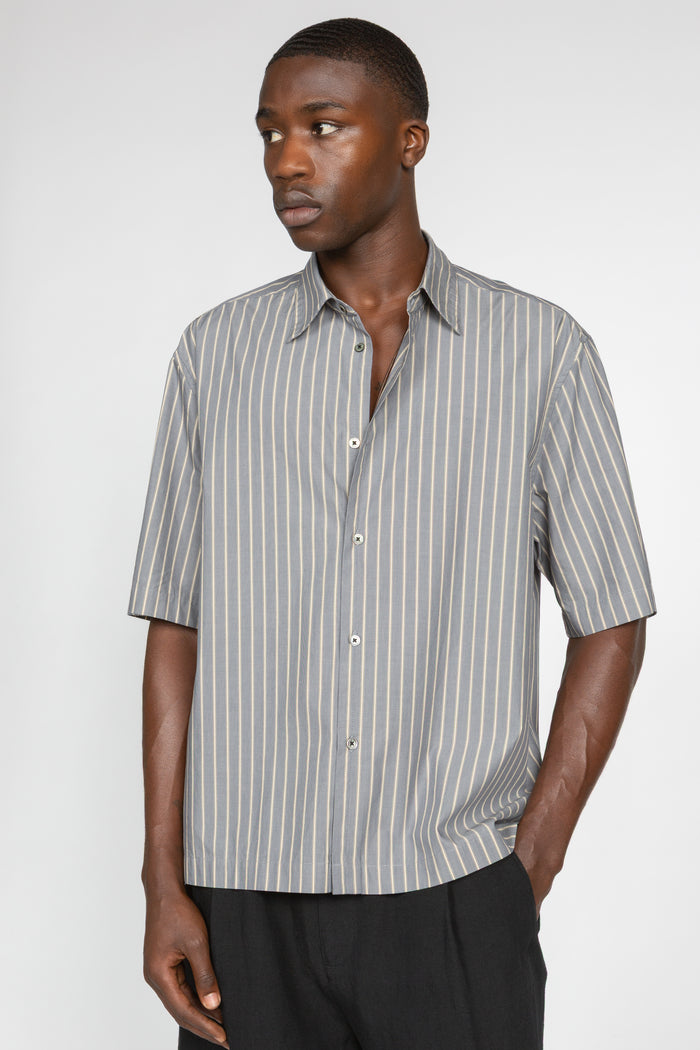 Short Sleeve Button Down Shirt - Grey / Beige Variegated Stripe