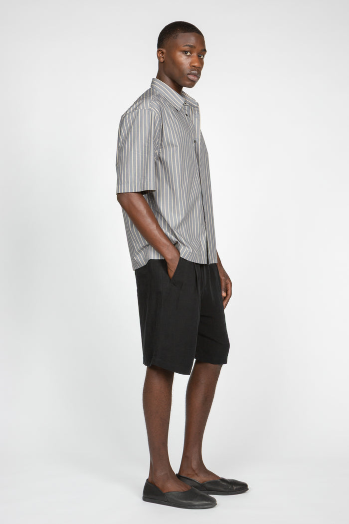 Short Sleeve Button Down Shirt - Grey / Beige Variegated Stripe
