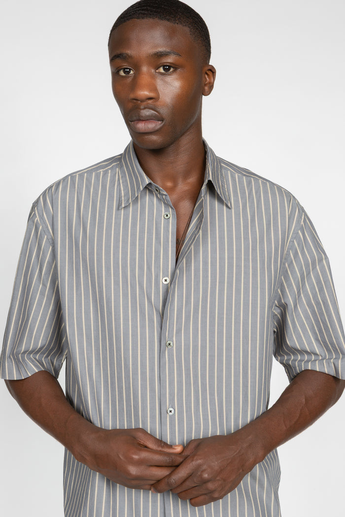 Short Sleeve Button Down Shirt - Grey / Beige Variegated Stripe