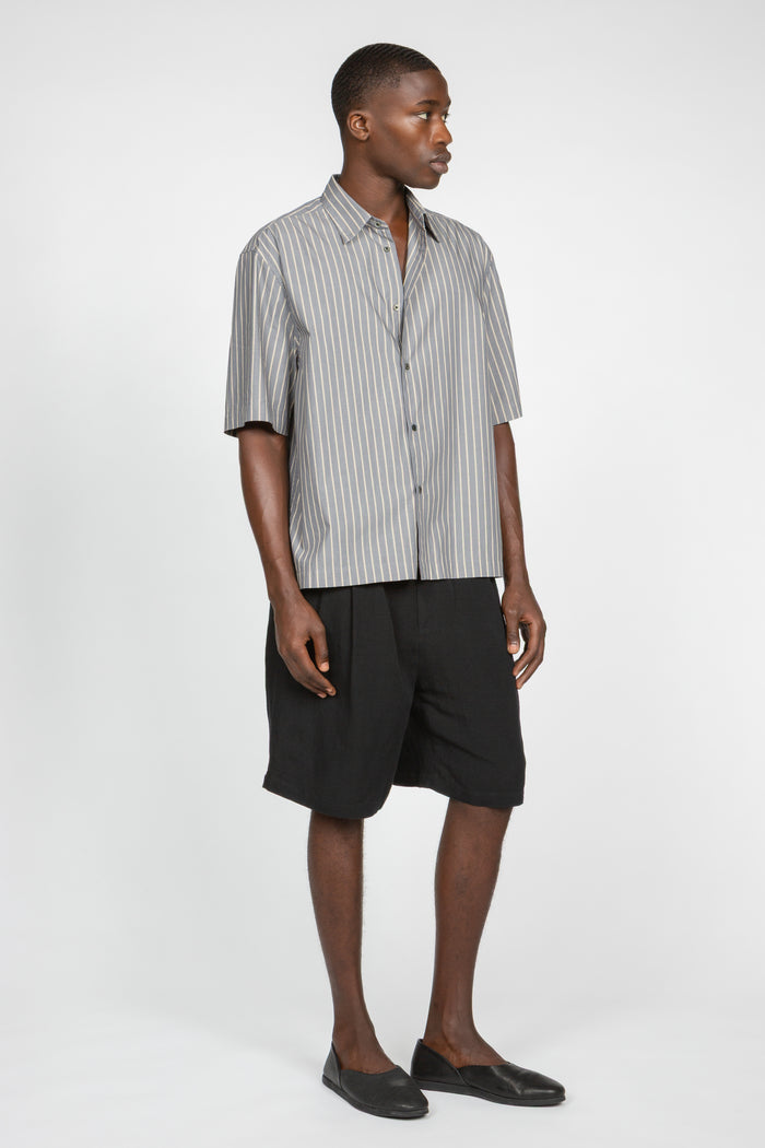 Short Sleeve Button Down Shirt - Grey / Beige Variegated Stripe