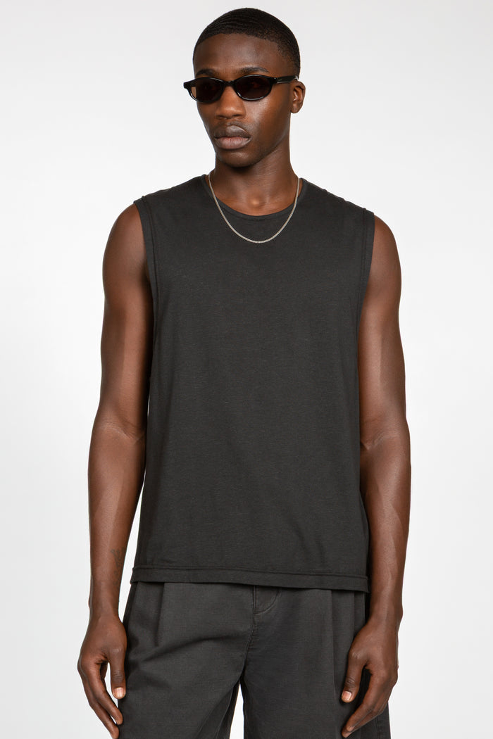 Sleeveless T-Shirt - Black Cotton / Linen