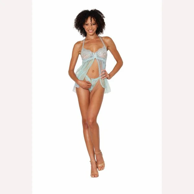 Stretch Lace Babydoll Set W/ Ruffle Trim Mint O/s Intimates Adult Boutique