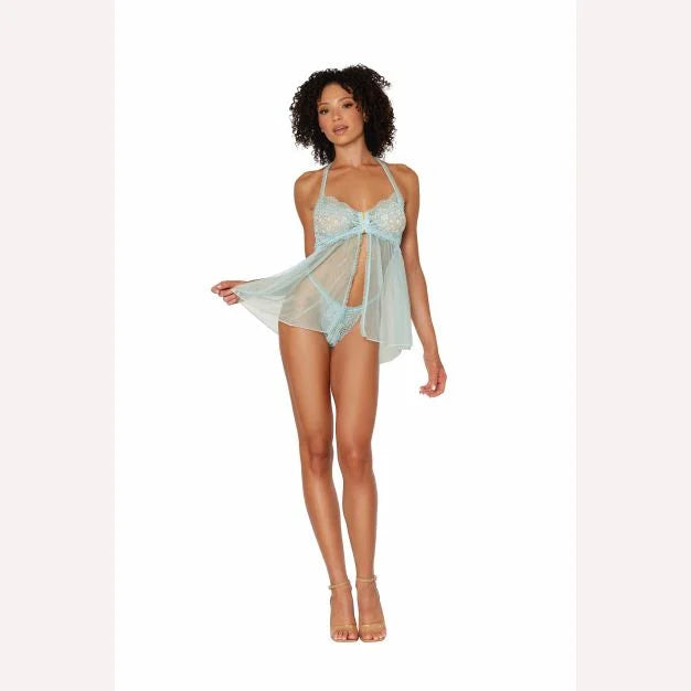 Stretch Lace Babydoll Set W/ Ruffle Trim Mint O/s Intimates Adult Boutique