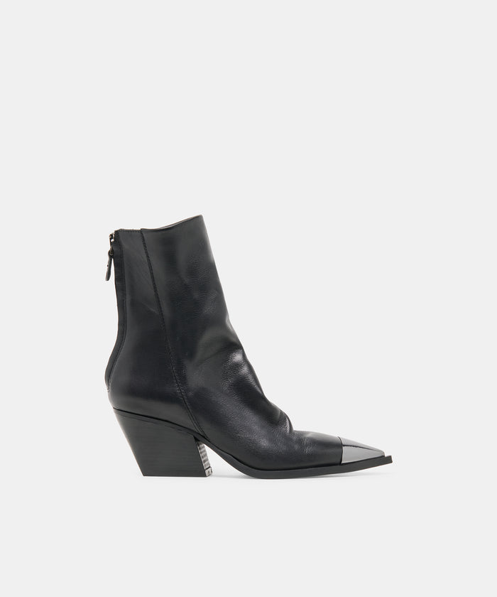 TALLEN Black Leather Block Heel Pointed-Toe Western Booties | Dolce Vita
