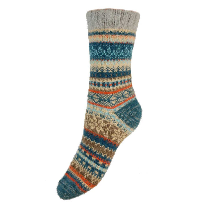 Teal, fawn and orange Scandi patterned soft Cosy socks