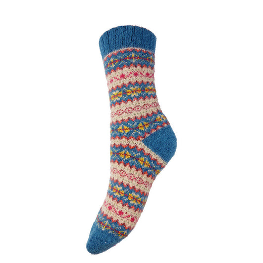 Teal, fawn and yellow Scandi patterned soft Cosy socks