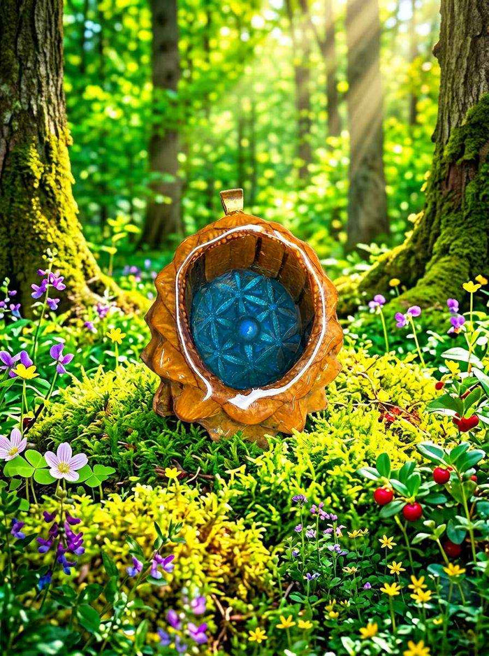 Teal Flower of Life Pendant: Handcrafted Pinecone Charm with Glowing Labradorite