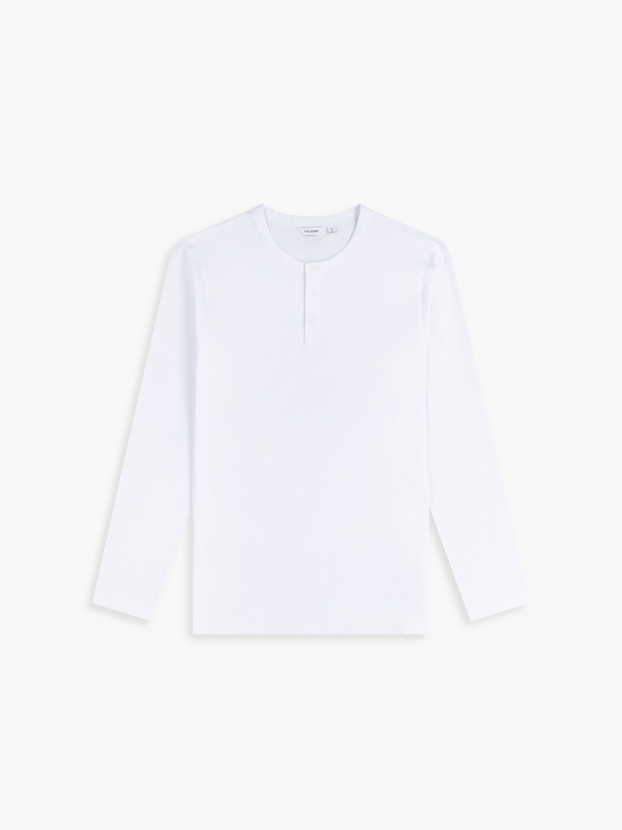 Flat lay shot of a white long-sleeve henley shirt