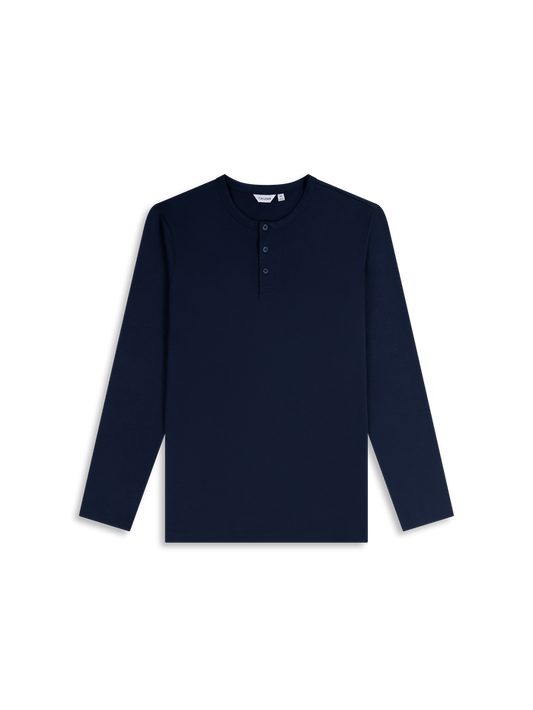 Flat lay shot of a navy blue long-sleeve henley shirt