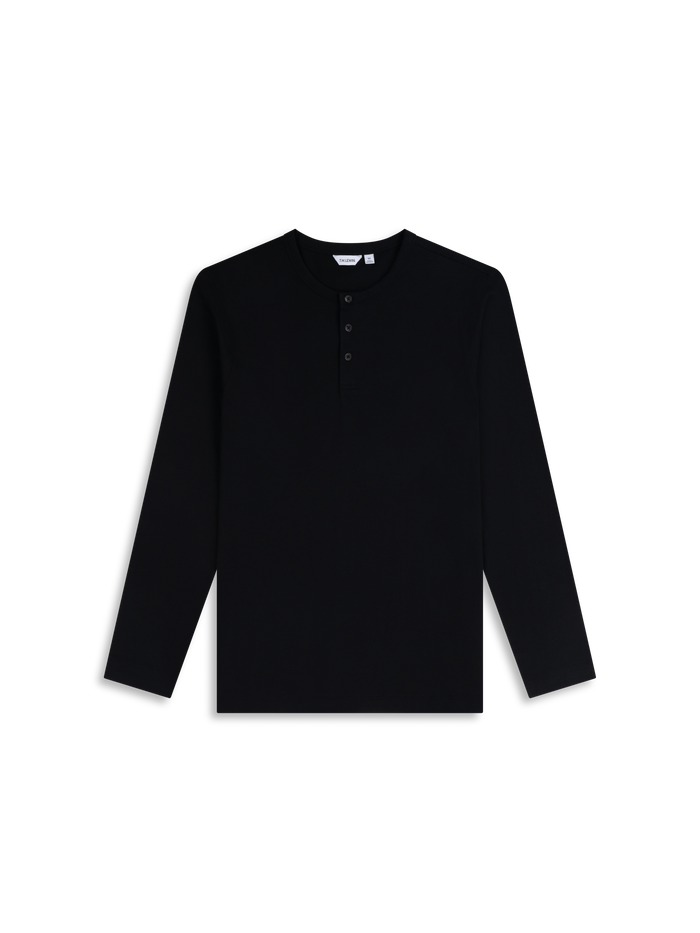Flat lay shot of a black long-sleeve henley shirt