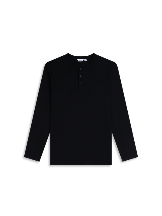 Flat lay shot of a black long-sleeve henley shirt