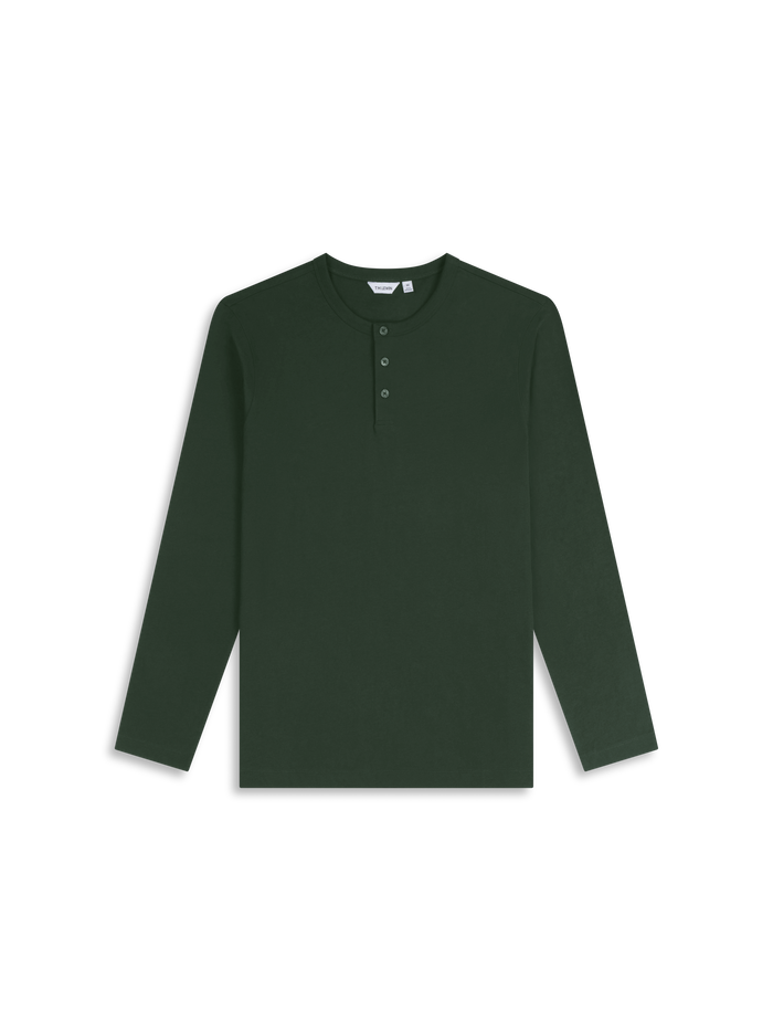 Flat lay shot of a emerald green long-sleeve henley shirt
