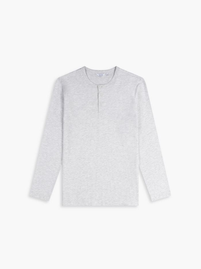 Flat lay shot of a light grey long-sleeve henley shirt