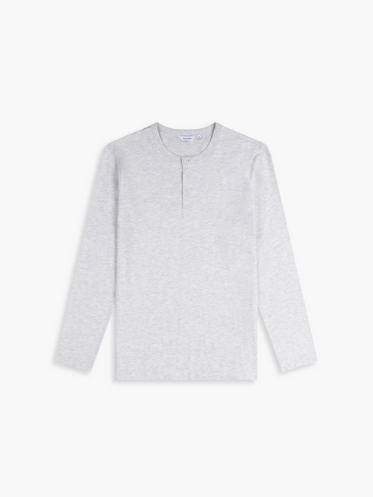 Flat lay shot of a light grey long-sleeve henley shirt
