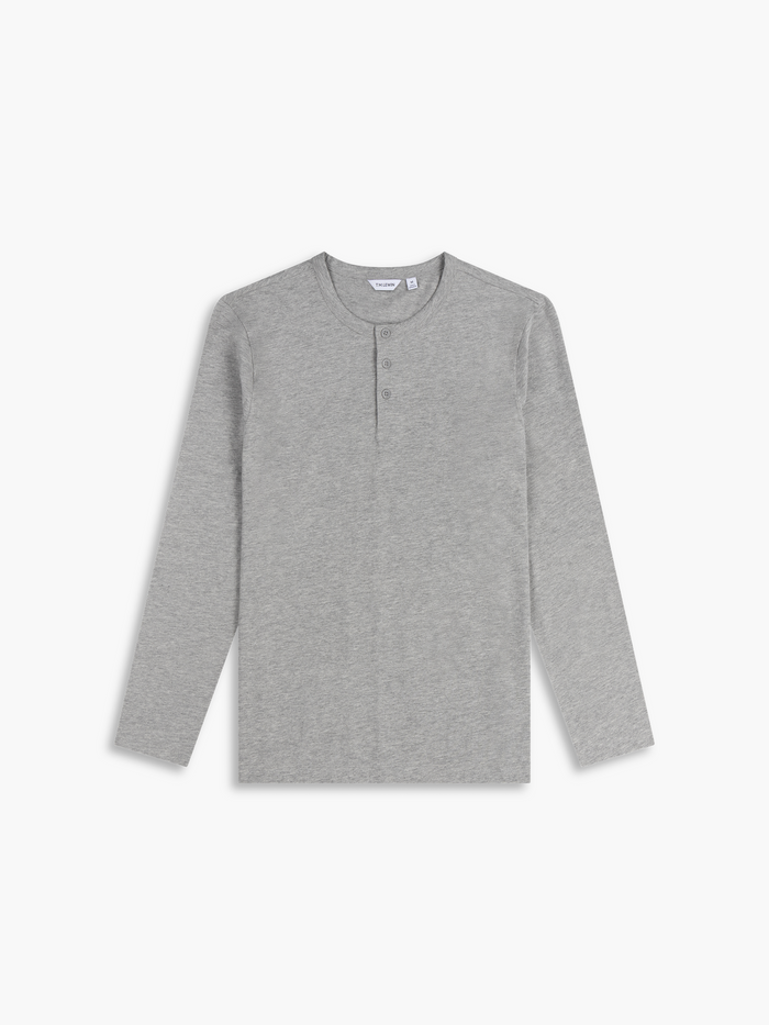 Flat lay shot of a grey long-sleeve henley shirt