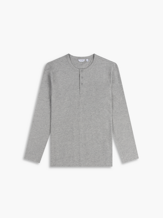 Flat lay shot of a grey long-sleeve henley shirt