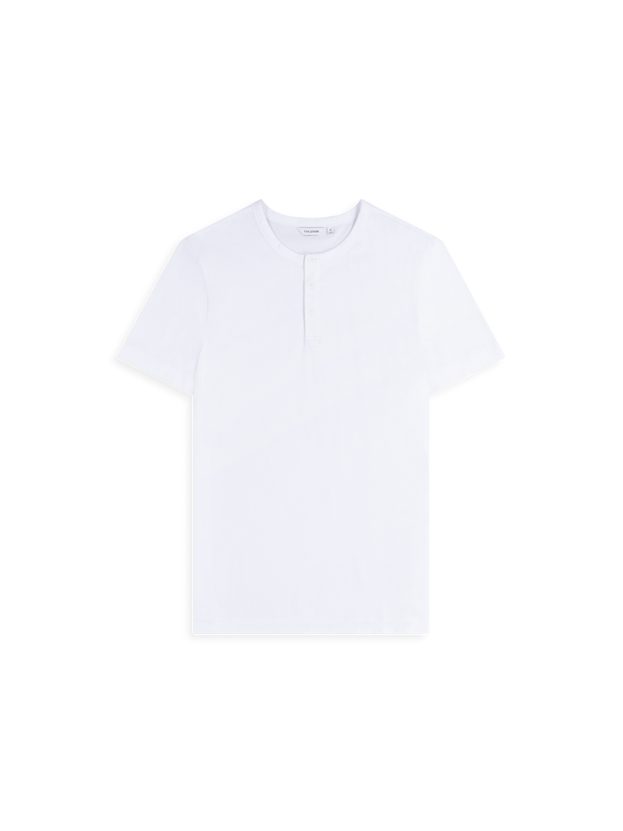 Flat lay shot of a white short-sleeve henley shirt