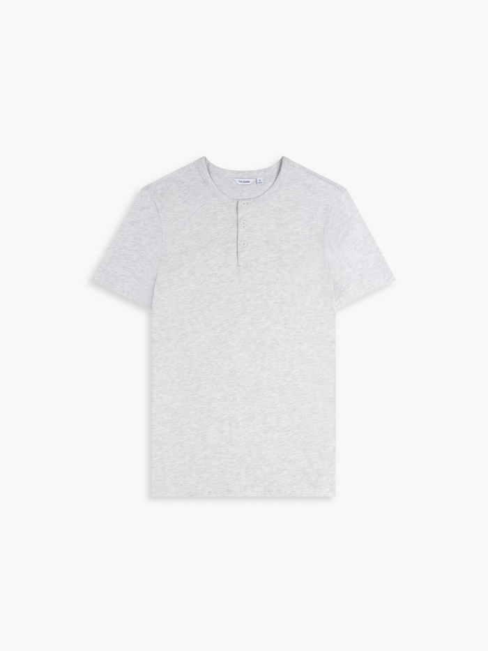 Flat lay shot of a light grey short-sleeve henley shirt