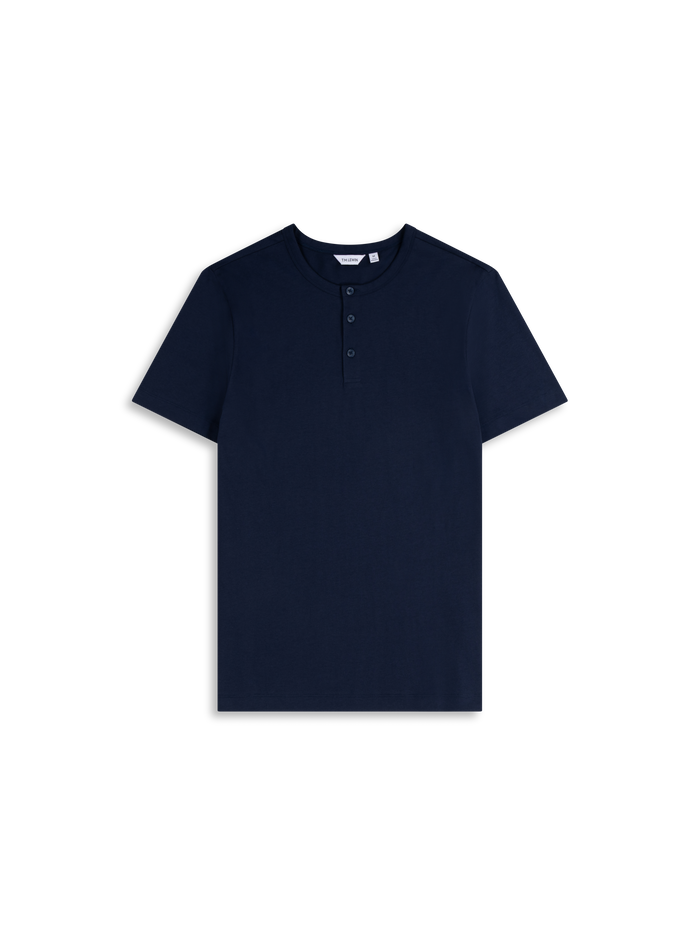 Flat lay shot of a navy blue short-sleeve henley shirt